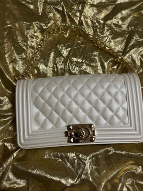 Quilted Silicone White Chain-Handle Shoulder Bag